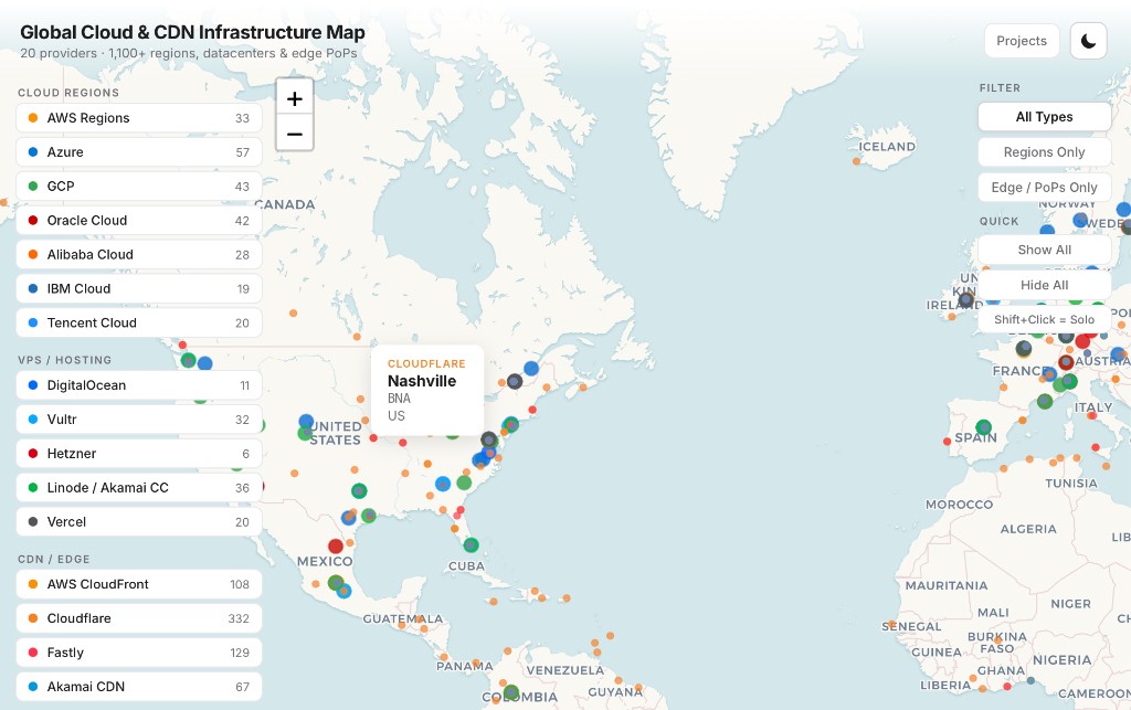 Screenshot of the Global Cloud & CDN Infrastructure map