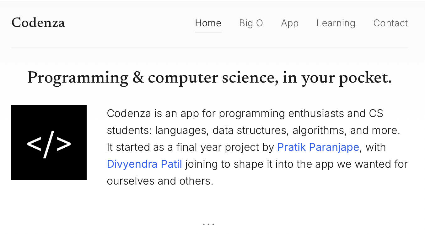 Screenshot of the Codenza homepage