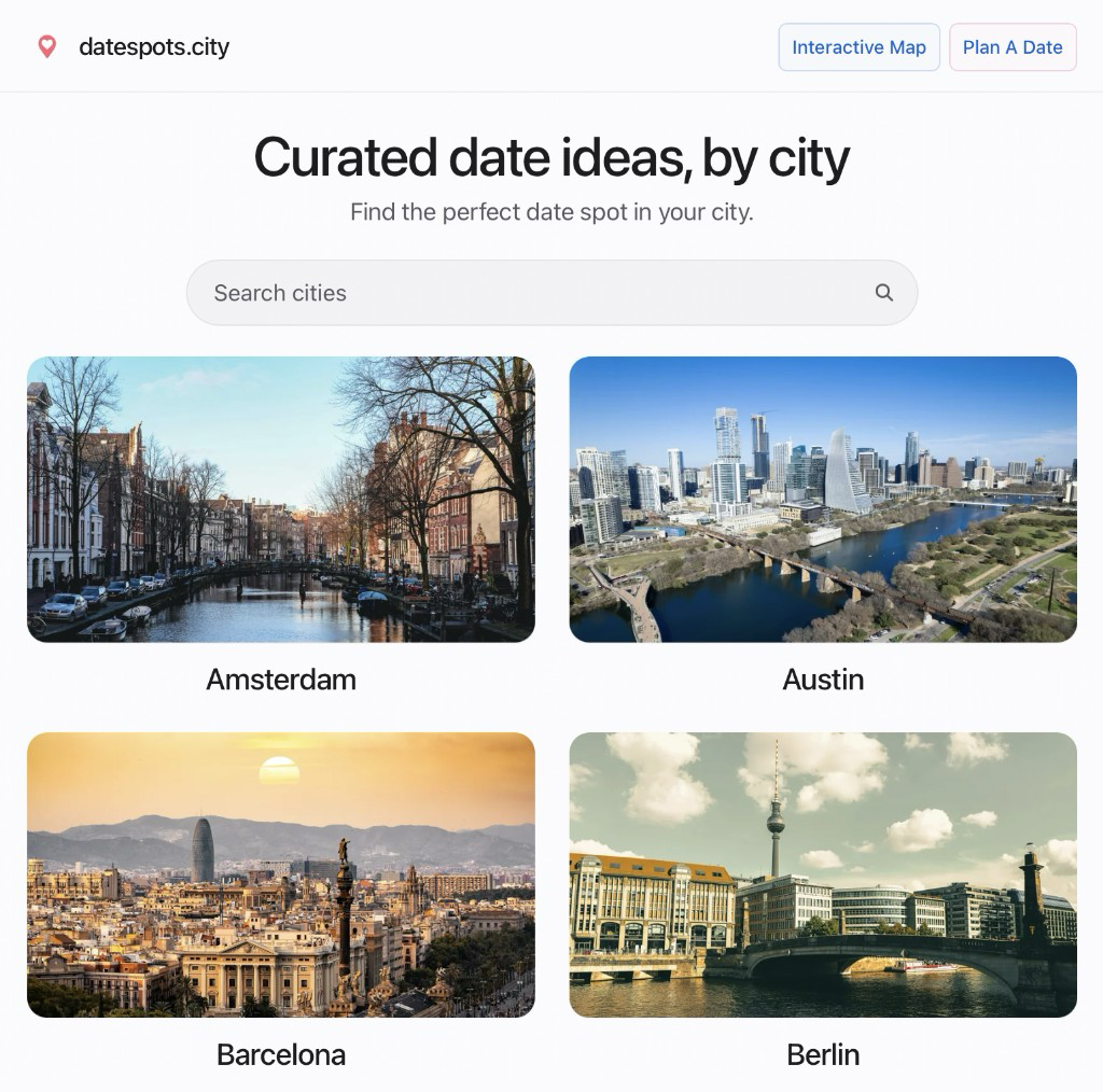 Screenshot of the datespots.city homepage