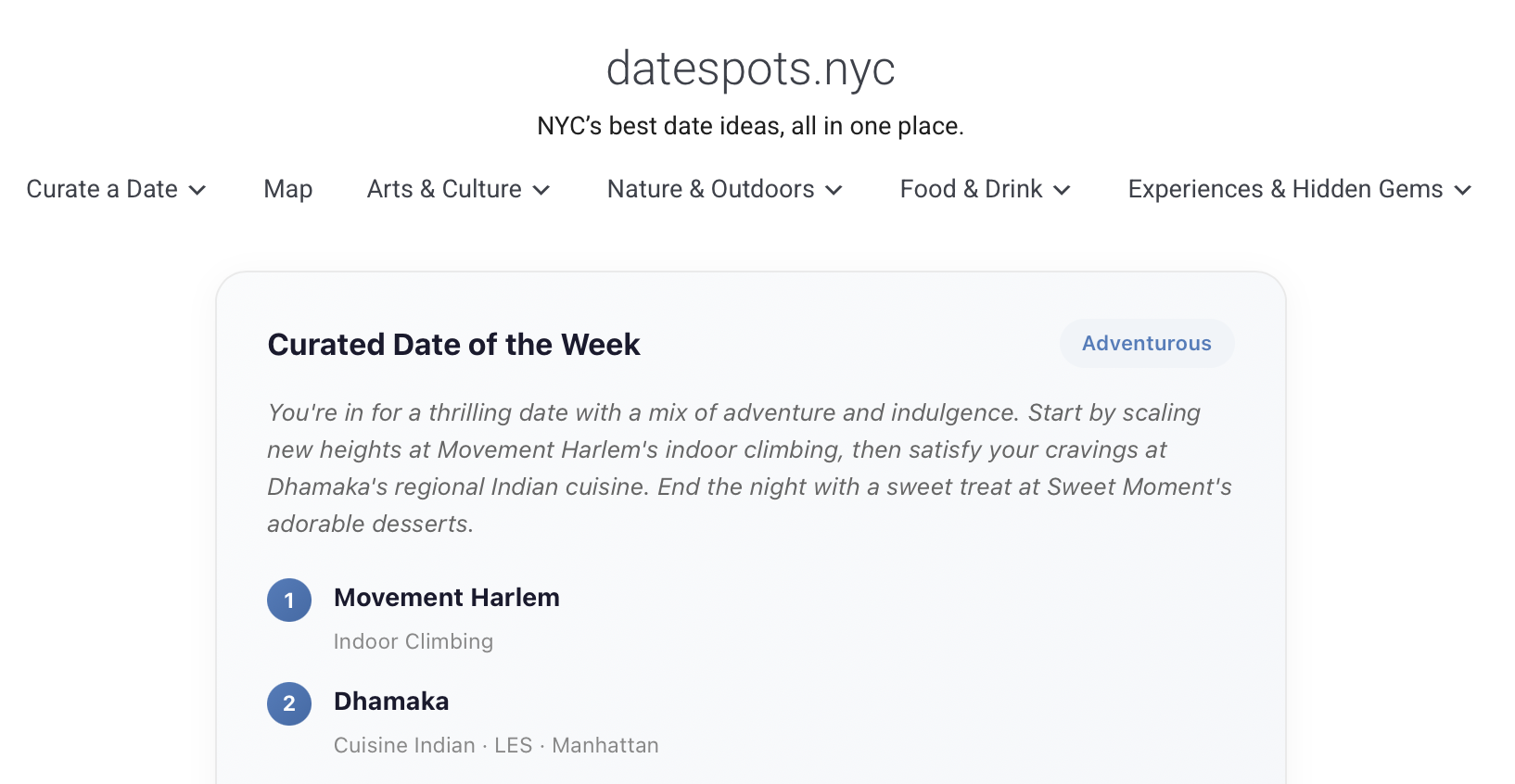 Screenshot of the datespots.nyc homepage