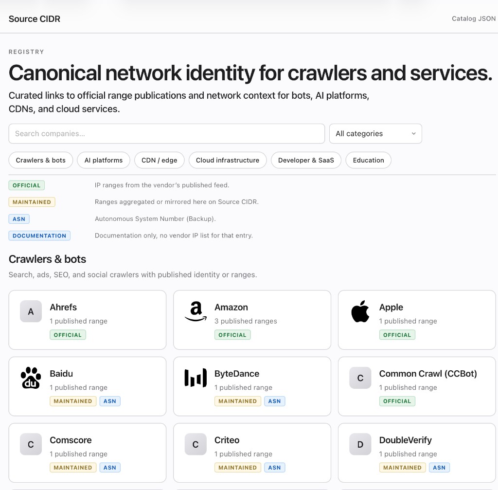 Screenshot of the Source CIDR homepage